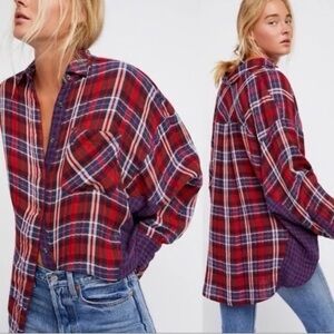 🌹Free People🌹 Red and Blue Plaid Long Sleeve Top